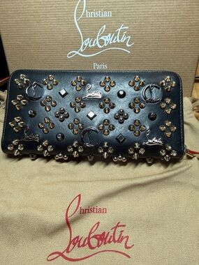 Christian Louboutin Black Leather Studded Zip-Around Wallet